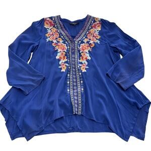 Andree by Unit Blouse Womens Small Blue Embroidered Floral Boho Rayon Tunic Top